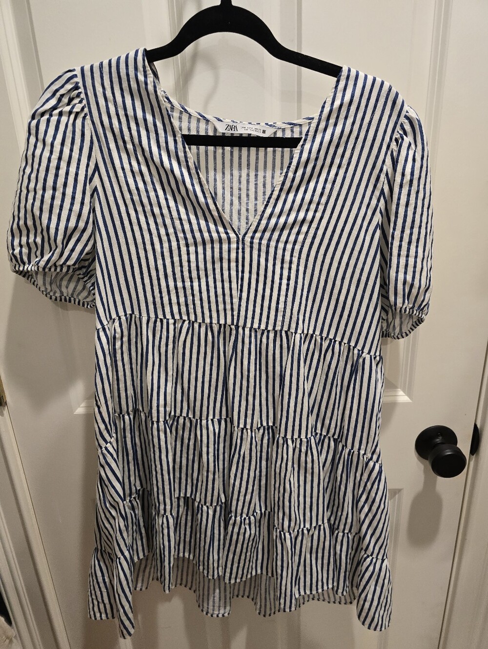 Zara Blue and White Striped Tiered V-Neck Dress